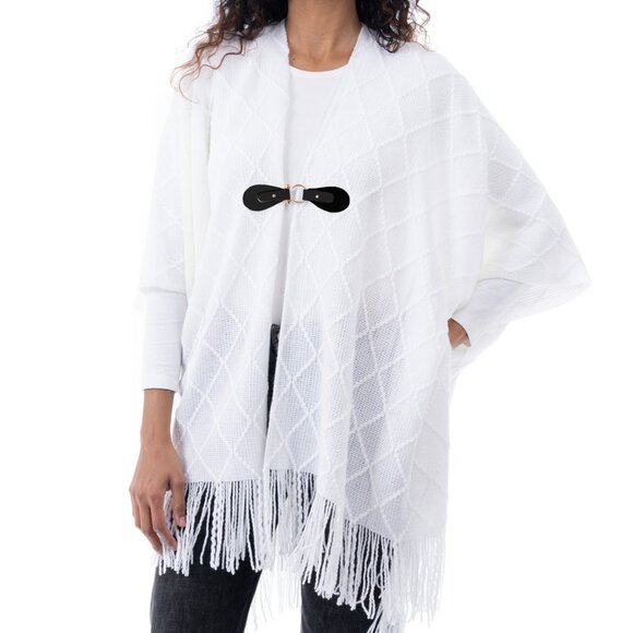 Style and Co Fringe Trim Toggle Buckle Cape Sweater NWT